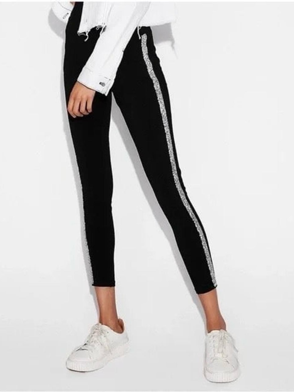 Express Black Leggings with Crystal Side Stripe - Women's Cropped Pants